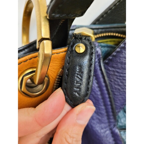 Purple Green COLORBLOCK Leather ORYANY Y2K Satchel Brass Zipper Jumbo Purse - Picture 9 of 10